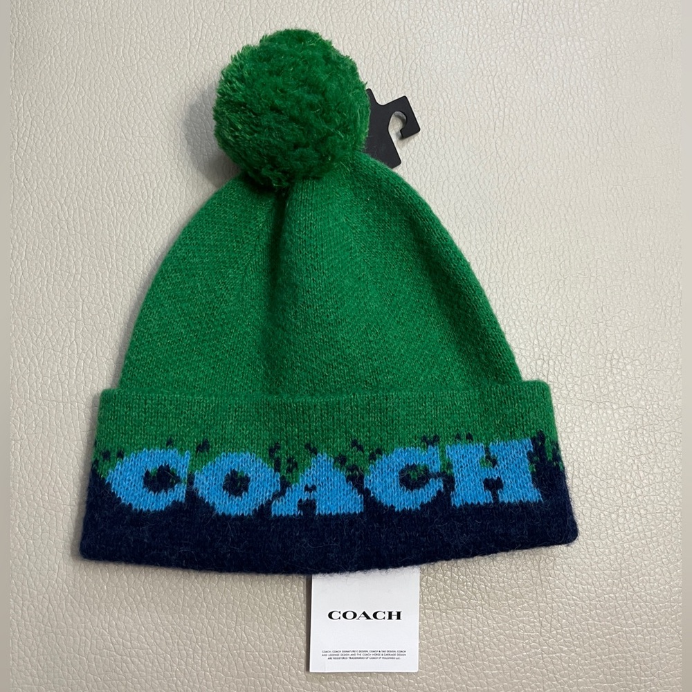 NWT - Coach Adult Wool Alpaca Blended Color Block Pom Pom Beanie